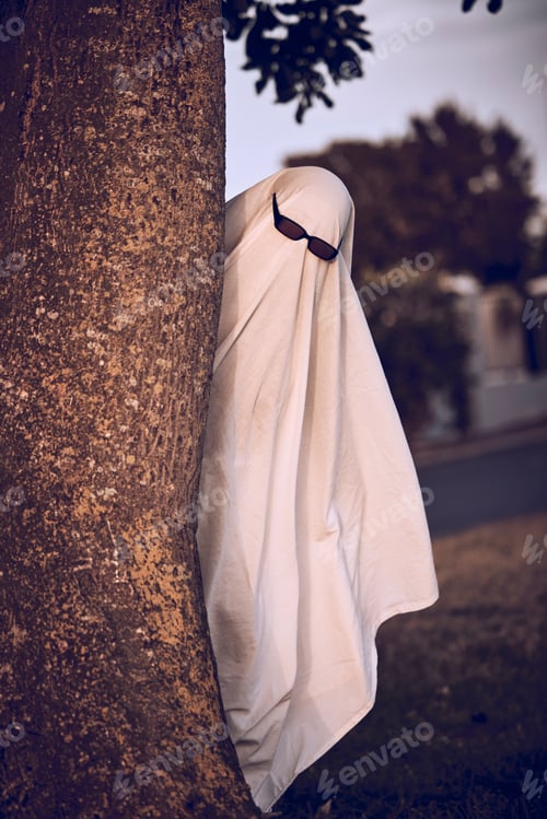 Preview: ghost costume, halloween and sunglasses in nature park outdoors. Funny horror dress up, spooky holi