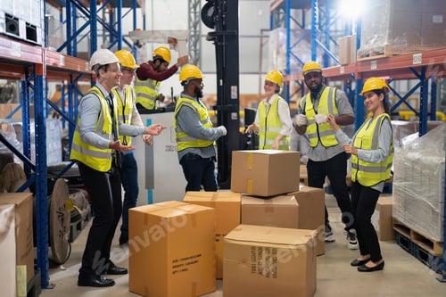 Preview: Diversity group of worker in warehouse happy stand surround box portrait