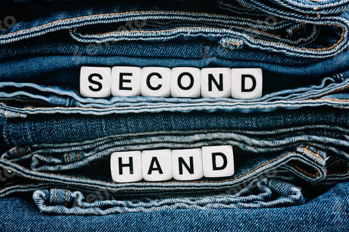 Preview: Second hand, Vintage Shopping, slow fashion, Sustainable fashion concept. Stack of blue old denim