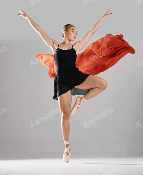 Preview: Ballet, artist and woman with pose, training or elegant art with performance on white studio backgr