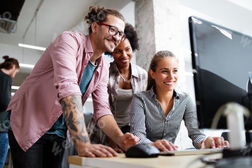 Preview: Portrait of business people, architects having discussion in office