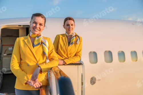 Preview: Cheerful stewardesses standing near aircraft door before the flight
