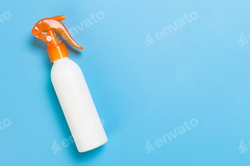 Preview: flat lay concept of summer travel vacation. Sunscreen bottle mock up