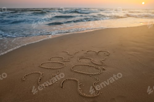 Preview: Sea wave rolling onto sandy beach with written 2022 and 2023. New Year