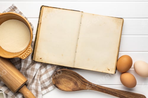 Preview: Open Cookbook with Eggs and Kitchen Utensils