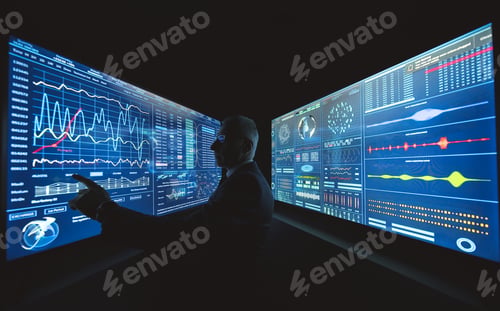Preview: The businessman works on the blue sensor screen with graphics
