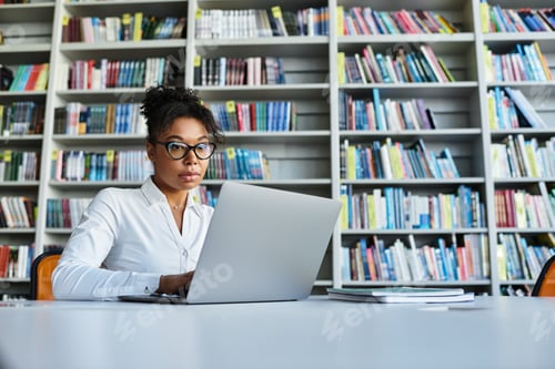 Preview: Dedicated African American teacher working on a laptop in a library filled with books