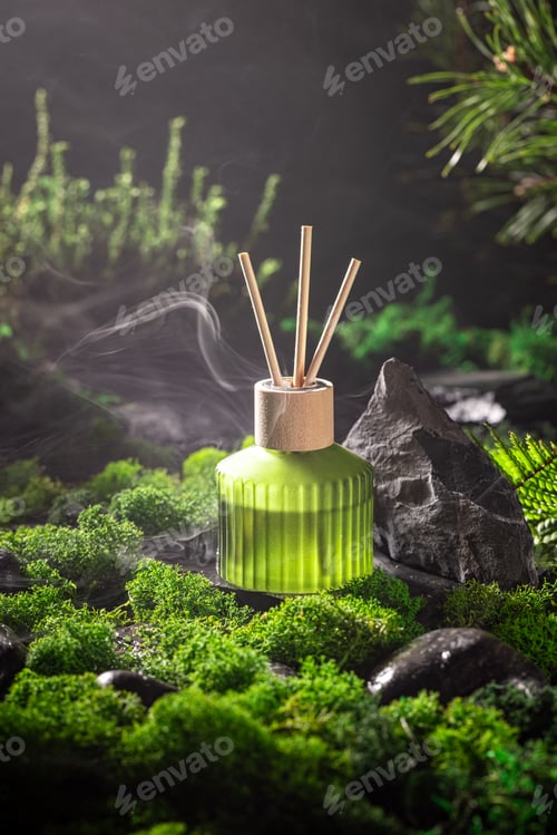 Preview: Beautiful fragrance diffuser in translucent glass bottle in forest.