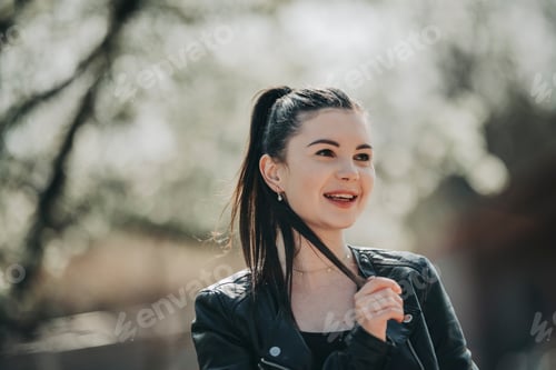 Preview: Portrait of candid authentic zoomer girl by spring season mood among flowering trees outdoor