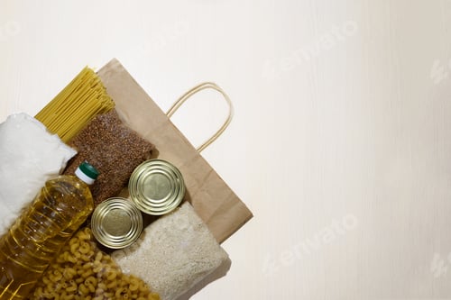 Preview: Food for delivery. Flat lay donation food.