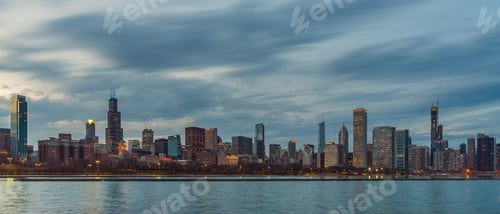 Preview: Panorama of Chicago Cityscape river side along Lake Michigan at beautiful twilight time