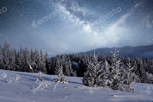 Preview: magical winter snow covered tree. Winter landscape. Vibrant night sky with stars and nebula and