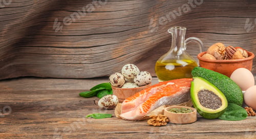Preview: A set of products of the low carb keto diet. Green vegetables, nuts