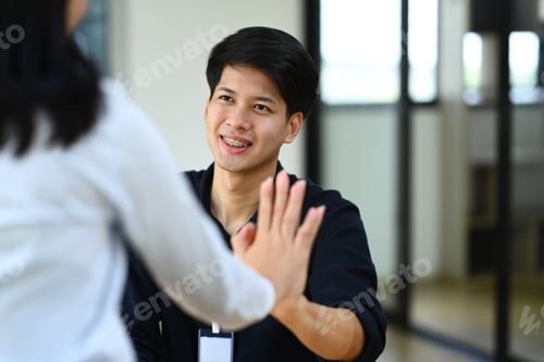 Preview: Two happy office workers are giving each other high five, celebrating for achievement