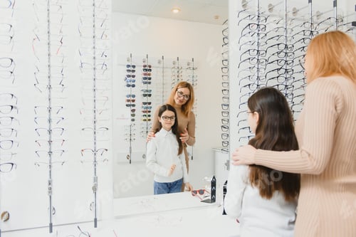Preview: Mother and girl at optician shop.