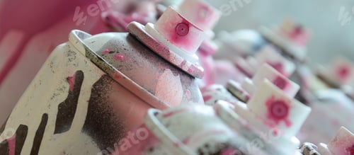 Preview: A lot of dirty and used aerosol cans of bright pink paint. Macro photograph with shallow