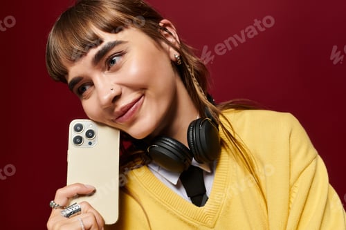 Preview: Young female student enjoys blissful moment with phone while wearing stylish headphones
