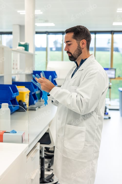 Preview: Scientist wearing blue gloves in laboratory holding test tube