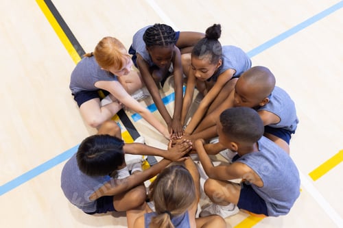 Preview: In school gym, diverse children sitting in circle, hands together, showing teamwork