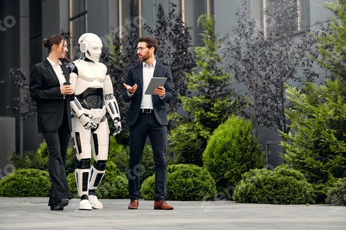 Preview: Robot with businessmen on the street near the building
