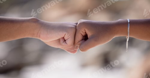 Preview: Fist bump, friends and support motivation outdoor for partnership travel holiday or trust vacation.