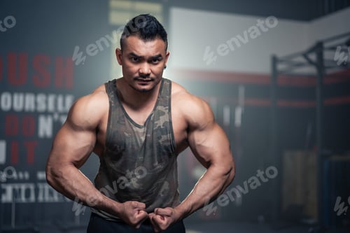 Preview: Portrait of Active healthy sport man showing muscles and biceps on arms.