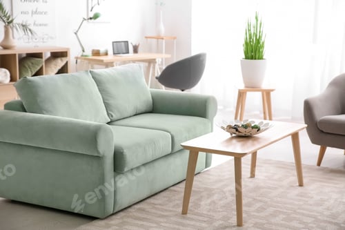 Preview: Stylish Interior Of Living Room With Comfortable Sofa And Wooden Table