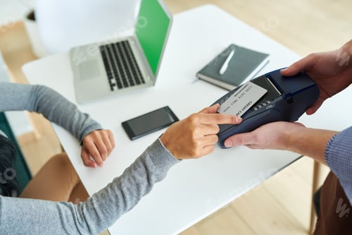 Preview: Woman Paying by NFC Card in Cafe