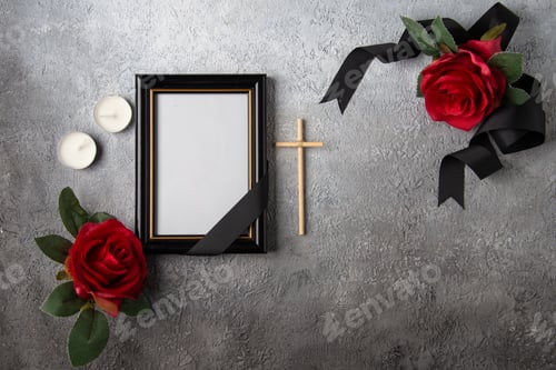 Preview: top view red flower with picture frame on light surface war death soldiers