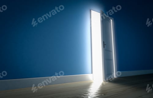 Preview: Light shining through open door in dark room with blue walls and wooden floor