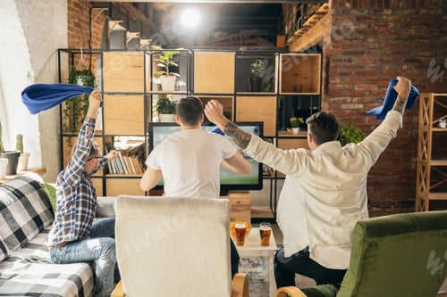 Preview: Group of friends watching sport match together. Concept of friendship, leisure activity, emotions