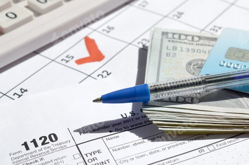 Preview: 1120 Corporation Income Tax Return blank with dollar bills, calculator and pen