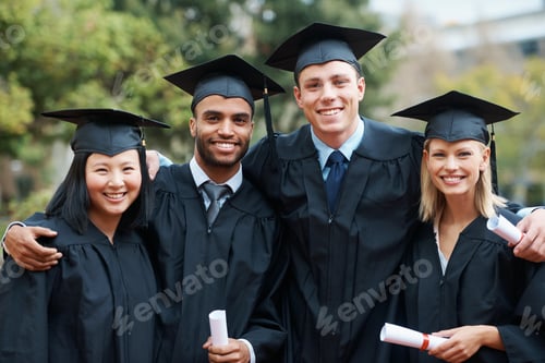 Preview: A group of college graduates standing in cap and gown and holding their diplomas
