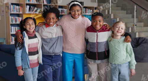 Preview: Education, kids and smile in library for portrait, support and diversity in school. Young study gro