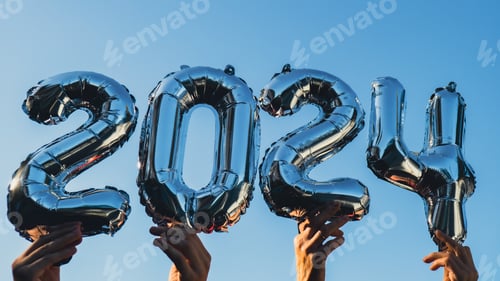 Preview: Happy new year 2024 metallic balloons on blue sky background. Greeting card silver foil balloons