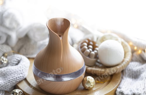 Preview: Still life with an aroma diffuser for moisturizing the air and winter decor.