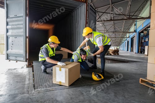 Preview: Worker carry carton box taken from 40 feet steel container got accident drop box to floor injury