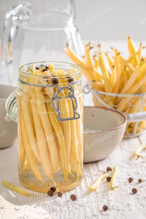 Preview: Homemade pickled green bean with salt, allspice, bay leaf.