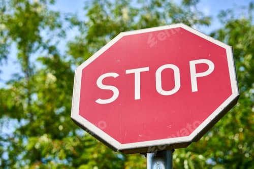 Preview: Stop sign on the background of lush green trees