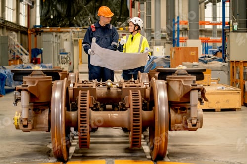 Preview: Professional factory workers man and woman discuss about the project using drawing paper or plan