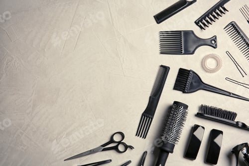 Preview: Flat lay composition with hairdresser tools on color background. Space for text