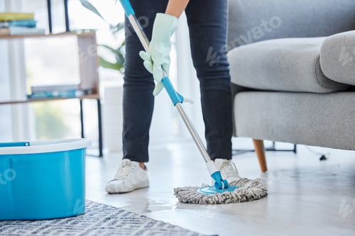 Preview: Mop, flooring and woman cleaning living room house, home and apartment. Cleaner, maid and housekeep