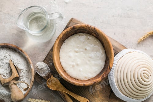 Preview: leaven for bread is active. Starter sourdough fermented mixture of water and flour to use as leaven