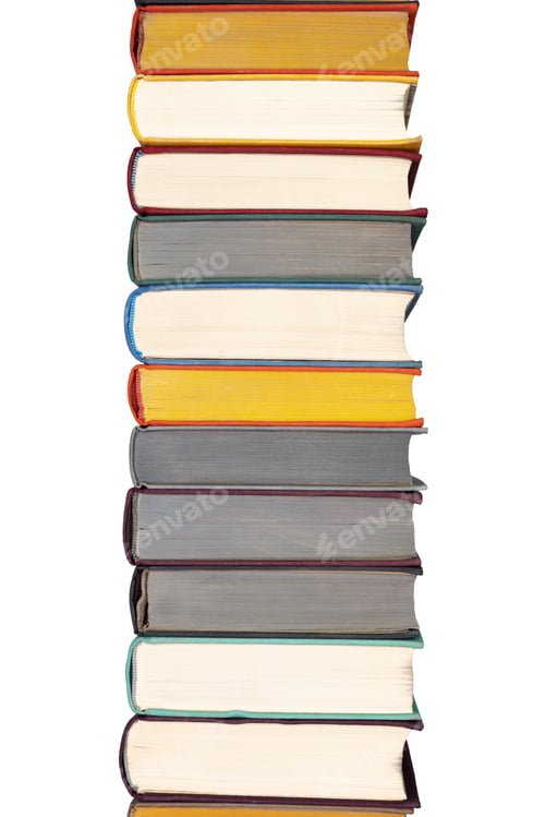 Preview: Stack of hardcover books on bookshelf. Close up view of hardback books isolated on white background