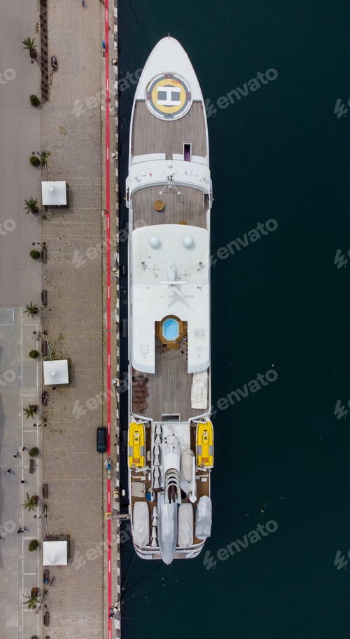 Preview: aerial view of luxury yacht in port