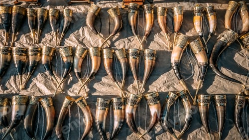 Preview: Tbilisi, Georgia. Drinking Horns In Flea Market Of Old Retro Vintage Things On Dry Bridge