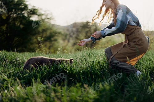 Preview: A woman plays a game with her little dog on the green grass in a field in the sunny evening light of