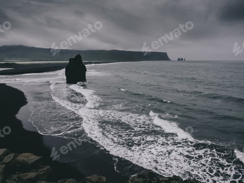 Preview: Black sand beach with rocks, Vik, Iceland