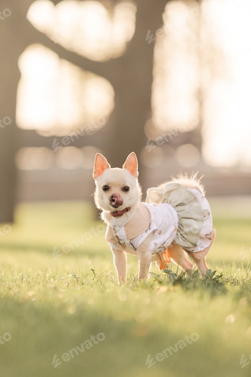 Preview: Small chihuahua dog in a dress stands in a field