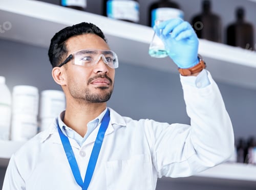 Preview: Scientist, blue chemical in beaker and man in laboratory, medical research and science experiment w